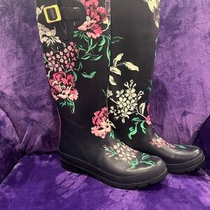 Joules Black and Pink Floral Rain Boots